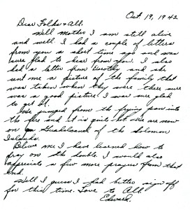 October 1942 letter from Quadalcanal requesting prayers.  Grandpa Kline knelt in front of Edward's picture every evening and prayed the Rosary for his safe return.  