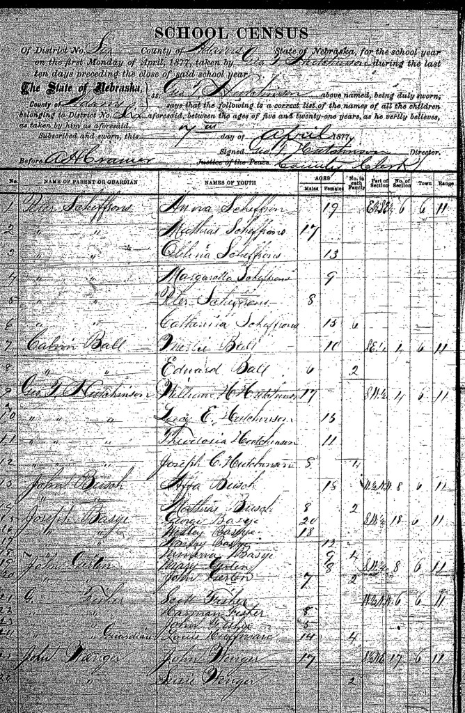 1877 school census.  The Peter Schifferns family is number 1.  Anna is listed as part of the family, age 19.  However, she was married the year before and should have been listed under Thomas Trausch.  Persons up to age 20 were listed on the school census regardless of marital status.  
